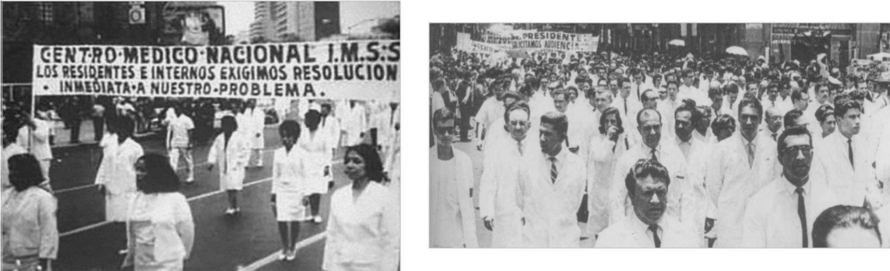 La desigualdad y el autoritarismo vivido en México en la última mitad de los años 60 del siglo XX, propició que diversos movimientos sociales tomaran el espacio público en protesta por las condiciones laborales y económicas, tal y como ocurrió con los médicos ubicados en más de cien hospitales en todo el país. Fotos recuperadas: El Tiempo y su Memoria.