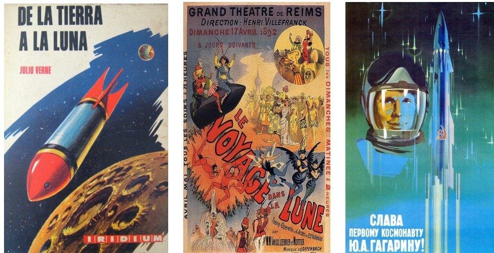 Desde el último cuarto del siglo XIX.jpg Desde el último cuarto del siglo XIX, Julio Verne y Georges Méliès conquistaron el espacio y la Luna con la magia de sus obras literarias, teatrales y cinematográficas. Sin embargo, la odisea real ocurrió hasta el año 1961 del siglo XX, cuando el cosmonauta Yuri Gagarin se convirtió en el primer hombre en orbitar alrededor de la Tierra.