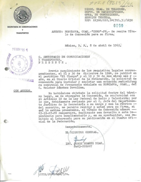 Oficio que avala la concesión de la estación XHMS-FM .jpg Oficio que avala la concesión de la estación XHMS-FM al señor Melchor Sánchez Dovalina. Archivo de Concentración (SICT).