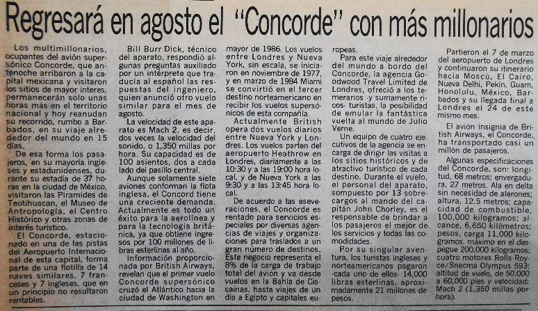 5 El Universal da cuenta de uno de los viajes del Concorde.jpg El Universal da cuenta de uno de los viajes del Concorde a México. Sábado 21 de marzo de 1987.