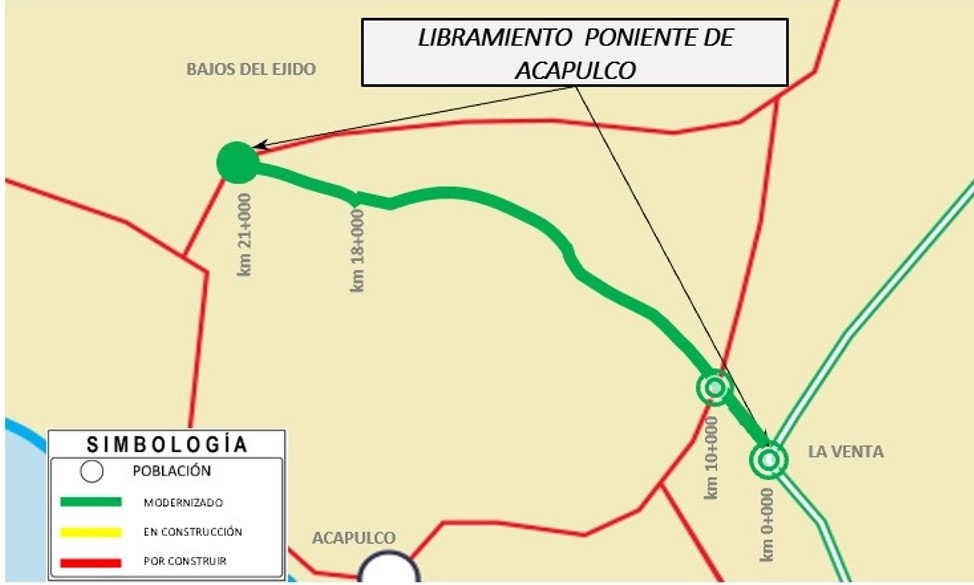 Mapa que muestra el trazo del Libramiento Poniente de Acapulco en su primera etapa.jpg Mapa que muestra el trazo del Libramiento Poniente de Acapulco en su primera etapa que va de La Venta hasta Bajos del Ejido. SICT.