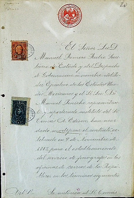 Contrato entre la Secretaría de Gobernación y el representante de Tomás Alva Edison.jpg Contrato entre la Secretaría de Gobernación y el representante de Tomás Alva Edison, 1890. Museo palacio Postal. SEPOMEX.