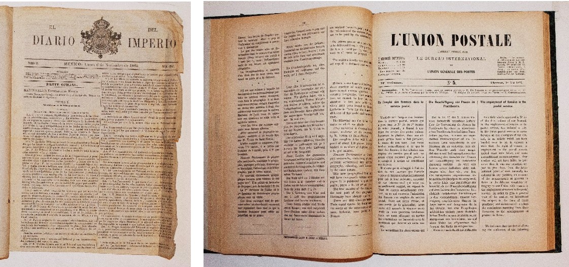 El Diario del Imperio, 1865 y el boletín L’Union Postale.jpg El Diario del Imperio, 1865 y el boletín L’Union Postale forman parte importante del Acervo hemerográfico del Museo Palacio Postal. SEPOMEX.