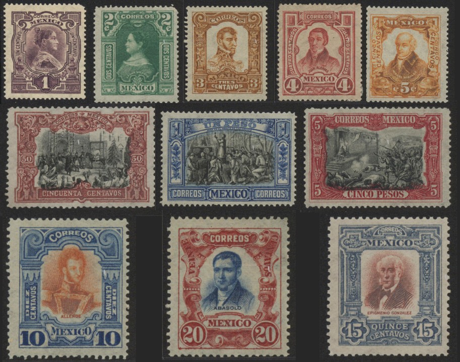 Timbres 1910.jpg Timbres que rinden homenaje a los héroes patrios con motivo del primer Centenario de la Independencia en 1910. SEPOMEX.