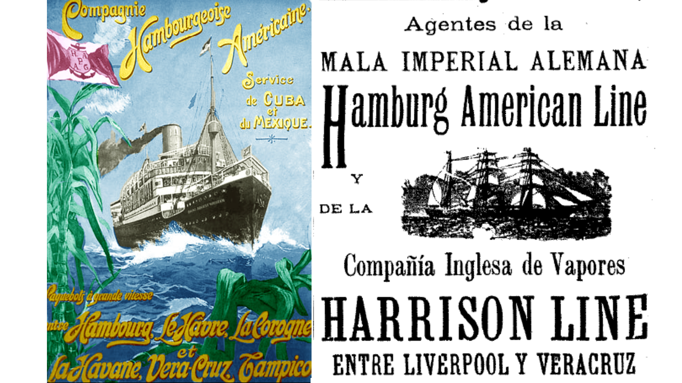 Compañías españolas francesas alemanas inglesas y estadounidenses.png Compañías españolas, francesas, alemanas, inglesas y estadounidenses de vapores-correo y de pasajeros promovían en la prensa sus servicios, debido al impulso de la SCOP al tráfico marítimo en la última década del siglo XIX. Fotos recuperadas del libro: Guía general descriptiva de la República Mexicana.