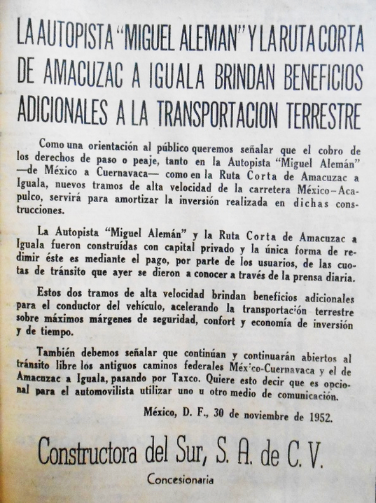 Razones para el cobro de las nuevas autopistas establecido por la compañía concesionaria. El Universal noviembre 1952