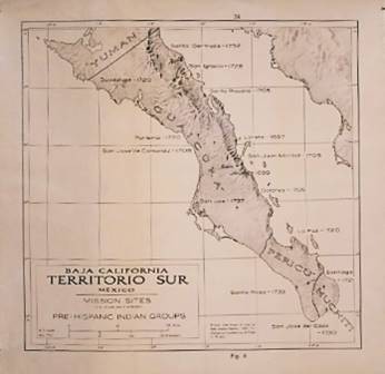Misiones establecidas.jpg Misiones establecidas en los siglos XVII y XVIII; y límites de los grupos prehispánicos de Baja California Sur. Reproducción autorizada por el INAH.