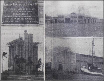 1 Placa alusiva a la inauguración de los muelles y bodegas.jpg Placa alusiva a la inauguración de los muelles y bodegas (derecha) y el nuevo edificio del Banco de México S. A. (abajo, izquierda), en el puerto de Veracruz. El Universal 12 de noviembre de 1952.