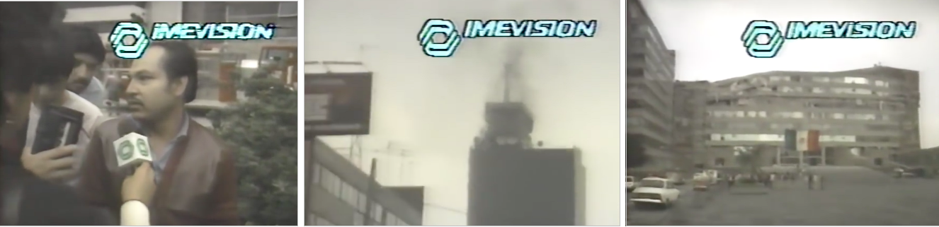 En las horas posteriores al temblor, Imevisión emitió en vivo, el testimonio de un trabajador rescatado de uno de los edificios colapsados de la SCOP, así como el incendio ocurrido por un corto circuito en la Torre de Telecomunicaciones, lugar donde casi un mes antes, se realizó la primera prueba de las señales satelitales del Morelos I. Fotos recuperadas: IMEVISIÓN.  