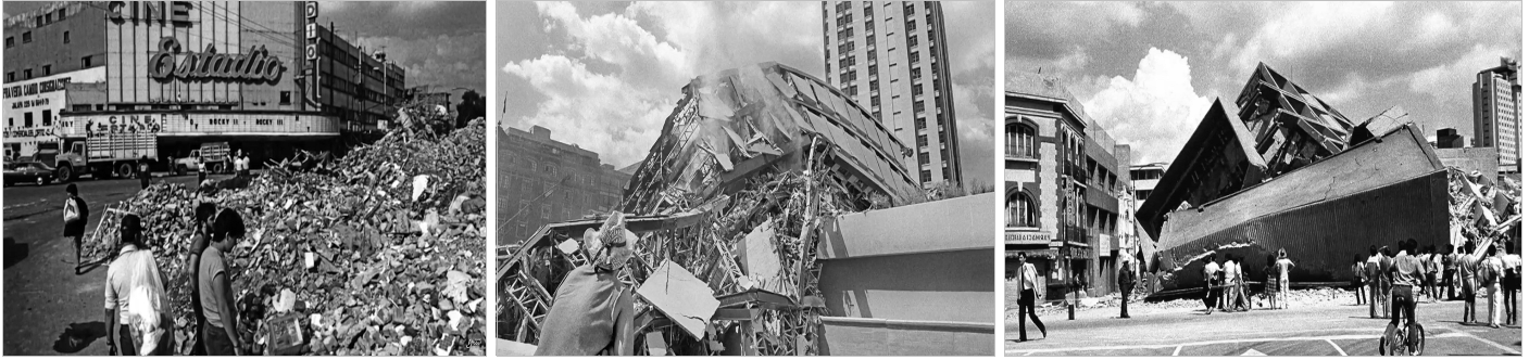 Lastimada como nunca en el siglo XX, por el efecto de un sismo, la Ciudad de México y sus habitantes fueron testigos de una catástrofe que cegó miles vidas y dejó numerosas construcciones en ruinas. Fotos recuperadas de: UNAM Global.