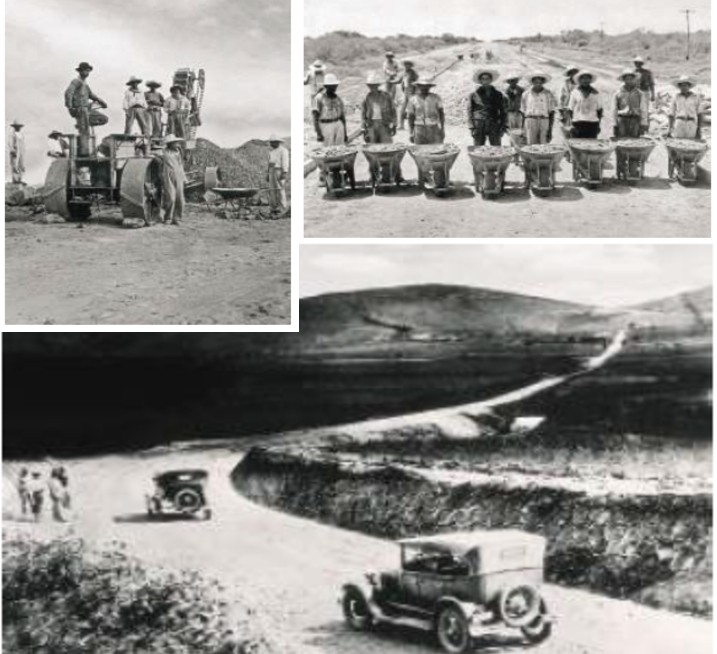 Desde su nacimiento en 1891, la SCOP aplicó una política de fomento a las vías de comunicación, por lo que dotó de caminos a las regiones que carecían del ferrocarril. En la posrevolución, fue creada la Comisión Nacional de Caminos (1925), lo que significó la construcción, financiamiento e integración de los sistemas viales de México. Fotos recuperadas del libro: Evolución histórica de los caminos rurales y alimentadores en México.