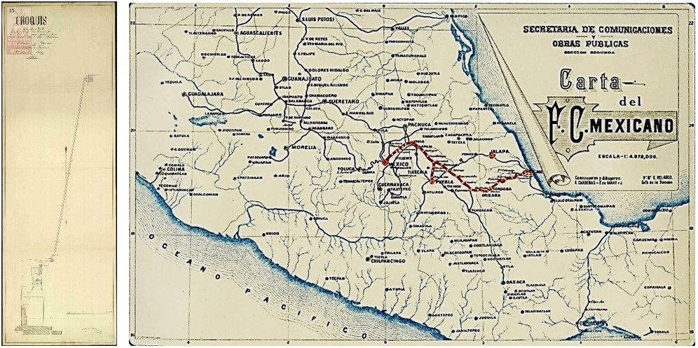 2 Trazo del Ferrocarril Mexicano del norte.jpg Trazo del Ferrocarril Mexicano del norte de la ciudad de México hasta la Villa de Guadalupe (1857) que se uniría más tarde al trazo de Veracruz a El Molino (1850) para conformar la vía México-Veracruz en 1873. AGN- https://ferroexposiciones.com.mx/planos-de-la-ruta-ferrocarril-mexicano-mv/