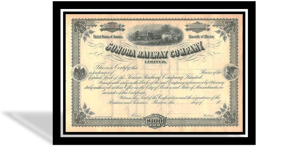 2 Acción de la nueva Compañía Limitada .jpg Acción de la nueva Compañía Limitada del Ferrocarril de Sonora por 100 dólares. https://obson.wordpress.com/wp-content/uploads/2015/05/sonora.jpg