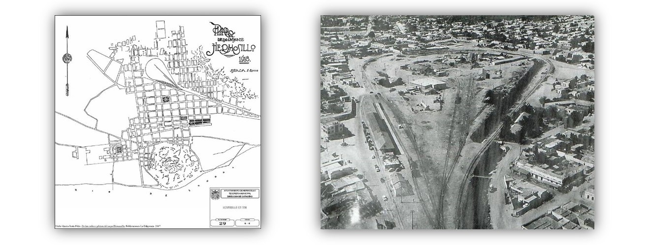 Estación del Ferrocarril de Sonora en la ciudad de Hermosillo. Su vía en forma de pera facilitó la vuelta de este ferrocarril. https://www.elsoldehermosillo.com.mx/cultura/historia-el-desarrollo-del-ferrocarril-en-sonora-3798810.html