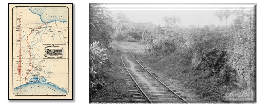 4 Carta del Ferrocarril de Tehuantepec.jpg Carta del Ferrocarril de Tehuantepec, y un aspecto de su vía abriéndose paso en un entorno natural lleno de vegetación, flores y palmeras. Reproducción autorizada por el INAH.