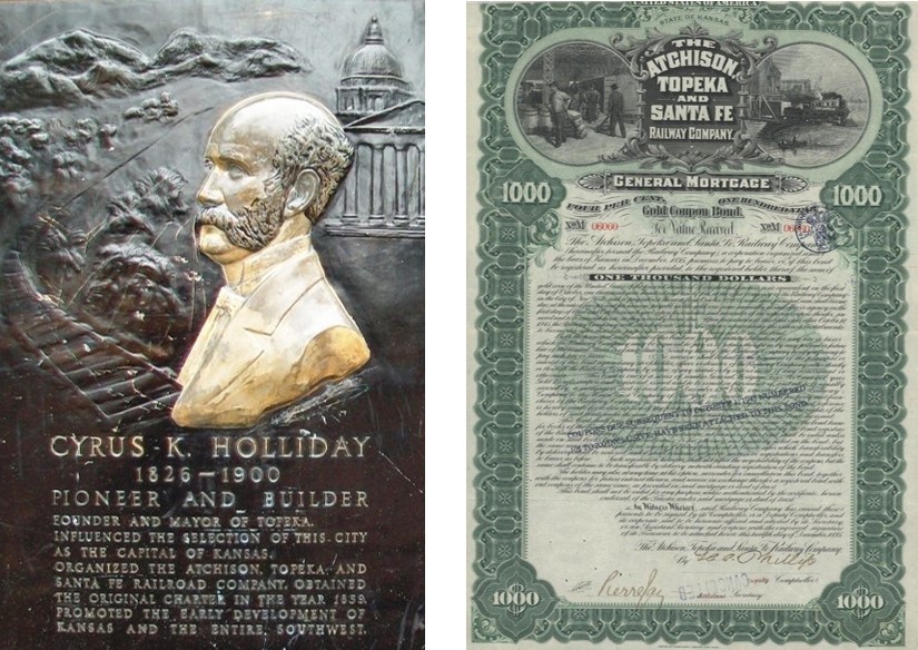 1 Coronel Cyrus K Holliday.jpg Coronel Cyrus K. Holliday fundador de la compañía ferroviaria Atchison Topeka & Santa Fe; y una acción de dicha empresa por mil dólares. https://www.hmdb.org/m.asp?m=63886 y https://mx.pinterest.com/pin/316448311287786668/