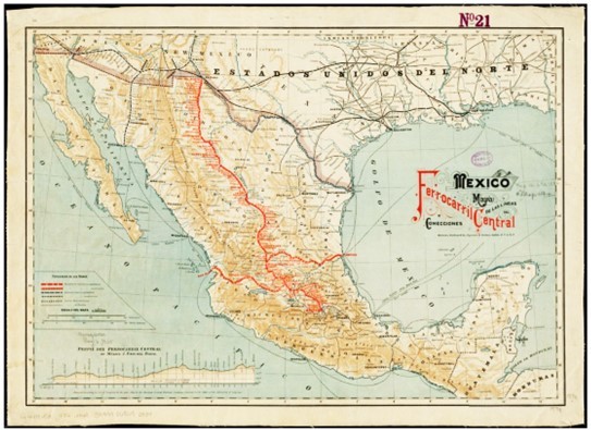 2 Ruta troncal del Ferrocarril Central.jpg Ruta troncal del Ferrocarril Central: México-Paso del Norte y sus dos ramales San Blas, Nayarit (océano Pacífico), y Tampico, Tamaulipas (Golfo de México). https://www.digitalcommonwealth.org/search/commonwealth:4m90fj83m