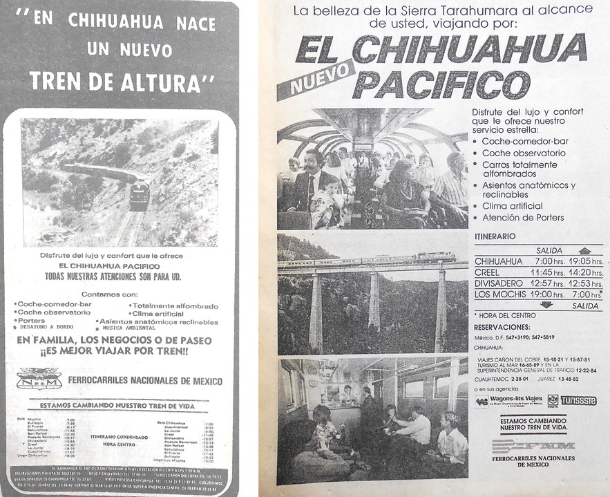 Promoción publicitaria.jpg Promoción publicitaria del nuevo “Tren de Altura Chihuahua al Pacífico”. El Universal 1 de agosto de 1987.