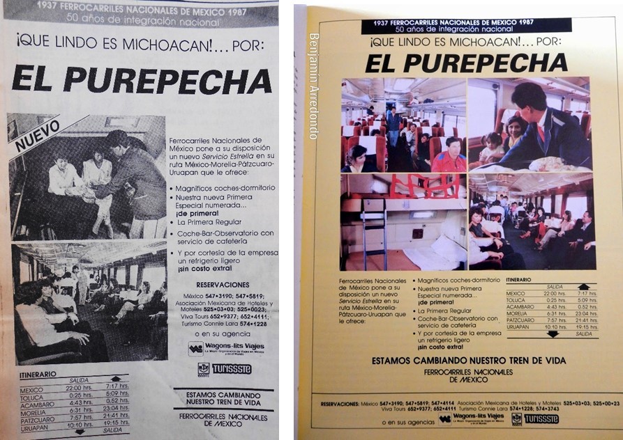 Promoción del tren “El Purépecha”. El Universal 21 de agosto de 1987. http://vamonosalbable.blogspot.com/2015/10/de-trenes-y-rutas-que-hubo-y-que-tal.html 