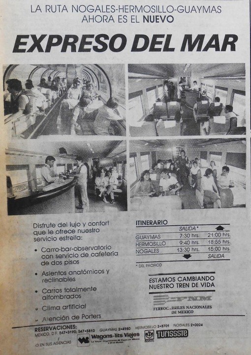 4 Cartel publicitario realizado por los Ferrocarriles.jpg Cartel publicitario realizado por los Ferrocarriles Nacionales de México para el tren “El Expreso del Mar”. El Universal 17 de septiembre de 1987.