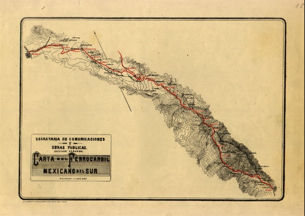 Carta geografica del Ferrocarril Mexicano del Sur.jpg Carta geográfica del Ferrocarril Mexicano del Sur en su recorrido de la ciudad de Puebla a la de Oaxaca. Reproducción autorizada por el INAH.