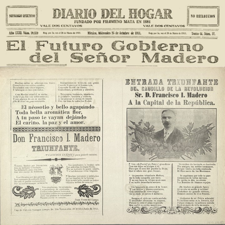4 Tras el levantamiento revolucionario en 1910.jpg Tras el levantamiento revolucionario en 1910, Francisco I. Madero tomó posesión de la presidencia de la República hasta el 6 de noviembre de 1911. Fotos recuperadas de: El Diario del Hogar y de Library of Congress EUA.