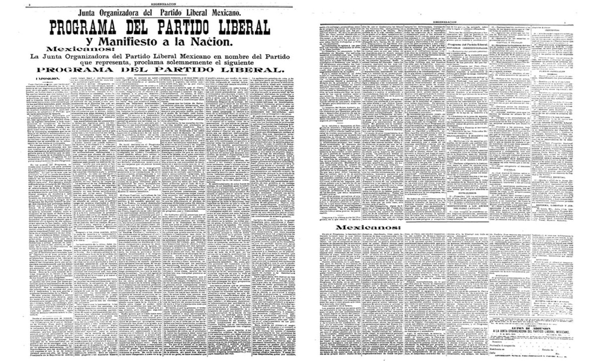 Dirigiéndose a “quienes no hubieran renunciado a su calidad de hombres libres”, Regeneración publicó (1 de julio de 1906), el Programa del Partido Liberal Mexicano, convocando a los mexicanos a luchar por “una transformación radical de un mundo de opresiones, corrupciones y crímenes, y dar paso a otro mundo más libre, honrado y justo”. Además de lanzar un Manifiesto a la Nación, el Programa propuso reformas constitucionales en materia de gobierno, educación, extranjeros, capital y trabajo, tierras e impuestos. 