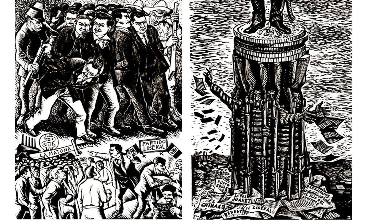 Durante el Porfiriato, la libertad de prensa estuvo limitada y el destino de los críticos al gobierno fue la cárcel. Pese a los numerosos procesos judiciales, el periodismo de oposición se erigió como el instrumento más efectivo para manifestarse contra el sistema de poder en México. Fotos recuperadas de: ¡Tierra y Libertad! El sueño de una Revolución.