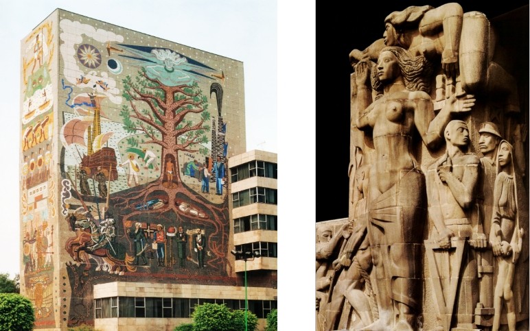 Mural Conquista y Libertad.jpg Mural “Conquista y Libertad” de José Chávez Morado, y el conjunto escultórico de Francisco Zúñiga: pintura y escultura que sumadas a la arquitectura del Centro SCOP, dan por resultado una integración plástica relevante. SCT.