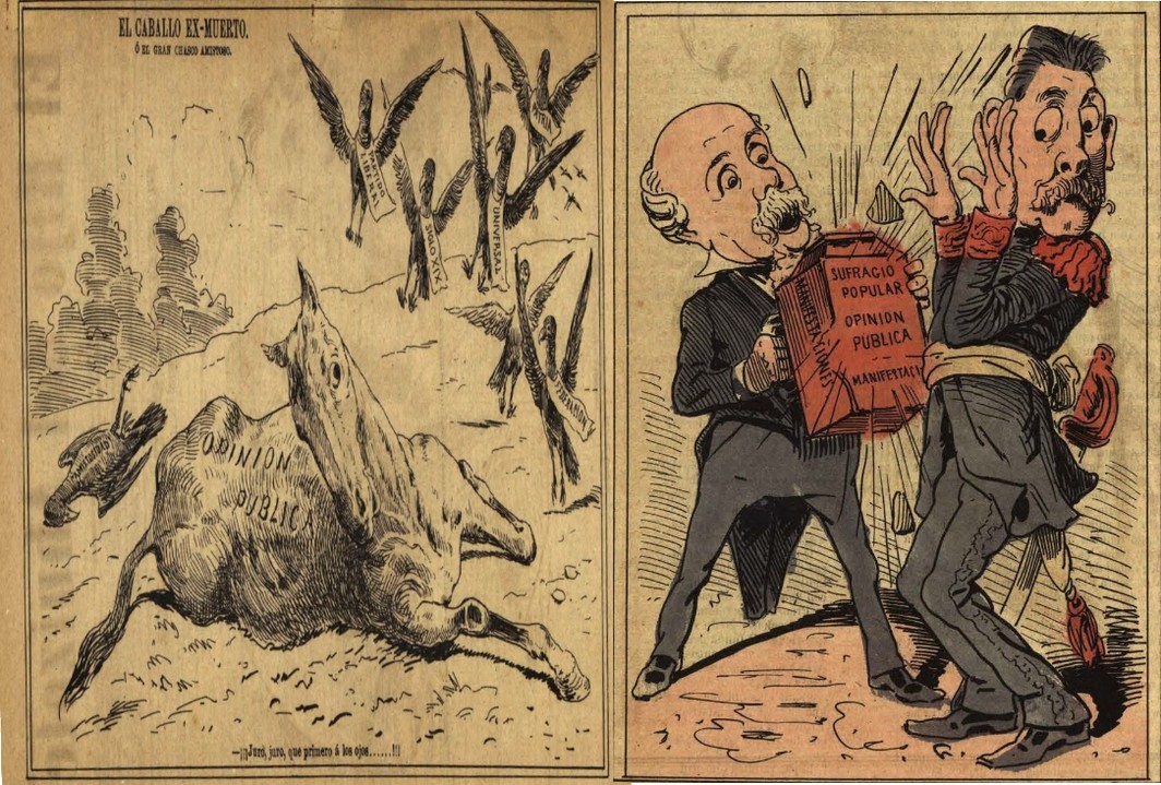 El “derecho al pataleo” mostrado en las manifestaciones de estudiantes y obreros en mayo de 1892, trató de ser deslegitimado por los diarios afines a Díaz. Por ello, la prensa de combate los representó como buitres dispuestos a “comerse los ojos de la postrada opinión pública”. Caricaturas recuperadas de: El Hijo del Ahuizote, mayo 29 de 1892.