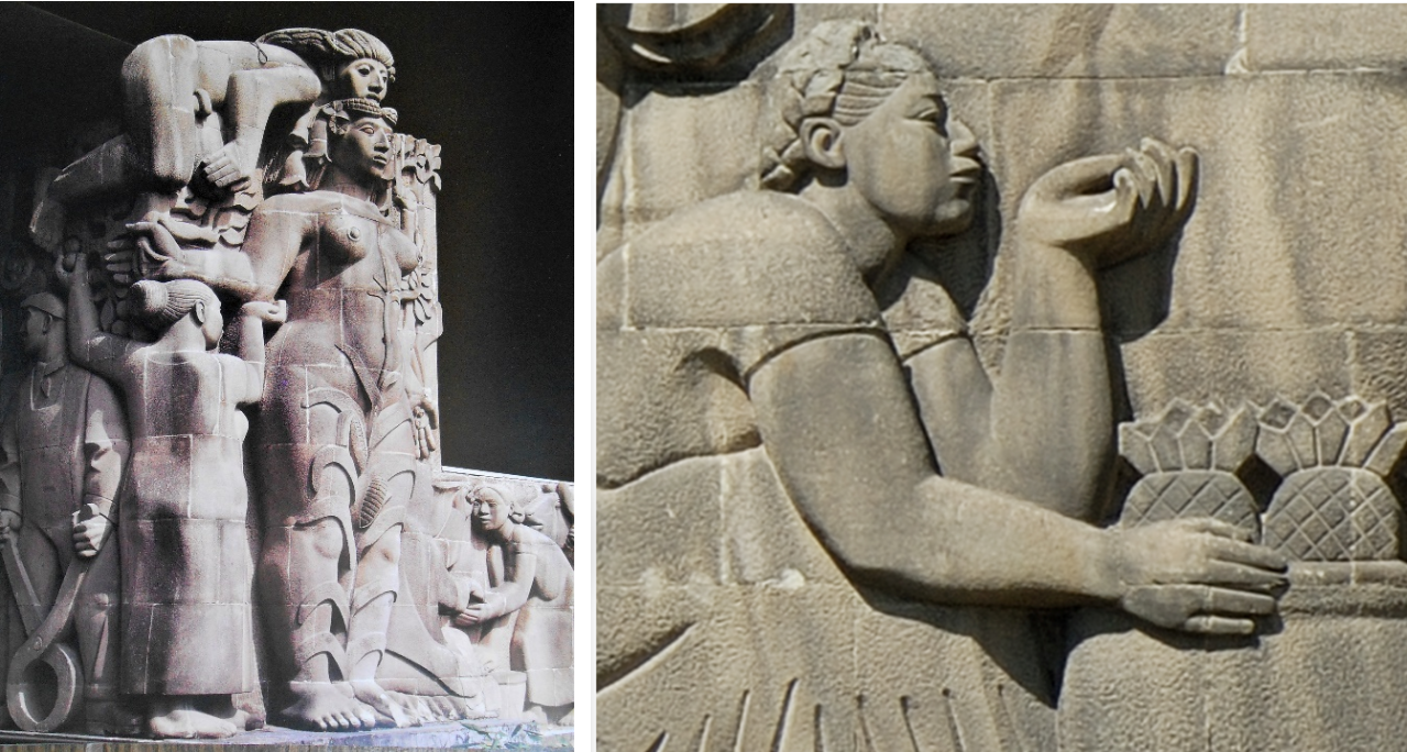 Detalles del altorrelieve derecho Mujer tehuana.png Detalles del altorrelieve derecho. Mujer tehuana con los frutos de la tierra. SCT.